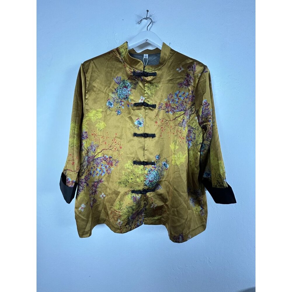 SooLinen Women's Chinese Style Golden Brown Floral Stand Collar Silk Jacket NEW